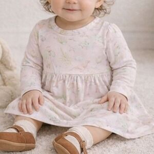 Lev Baby 12-18M Pink Dinosaur Bamboo Long Sleeve‎ Skirted Bodysuit Twirl Dress
